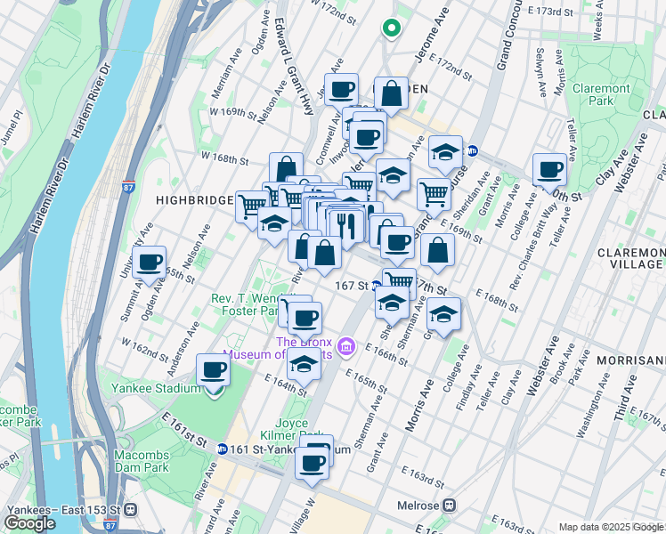 map of restaurants, bars, coffee shops, grocery stores, and more near in The Bronx
