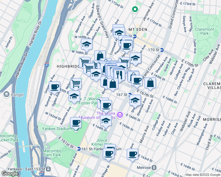 map of restaurants, bars, coffee shops, grocery stores, and more near 1166 River Avenue in The Bronx