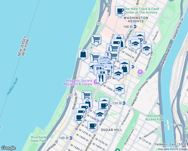 map of restaurants, bars, coffee shops, grocery stores, and more near 790 Riverside Drive in New York