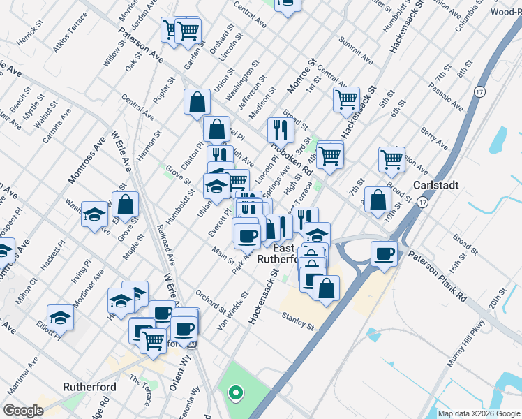 map of restaurants, bars, coffee shops, grocery stores, and more near 83 Boiling Springs Avenue in East Rutherford