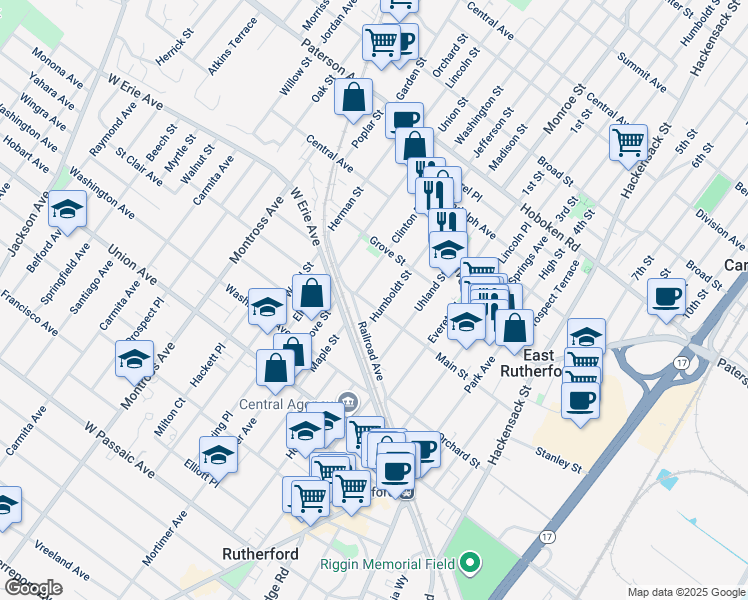map of restaurants, bars, coffee shops, grocery stores, and more near 136 Humboldt Street in East Rutherford