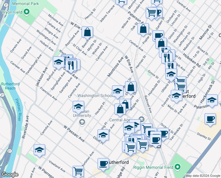map of restaurants, bars, coffee shops, grocery stores, and more near 122 Washington Avenue in Rutherford