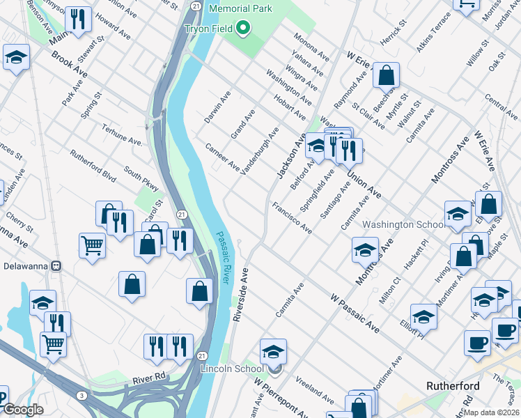 map of restaurants, bars, coffee shops, grocery stores, and more near 27 Insley Avenue in Rutherford