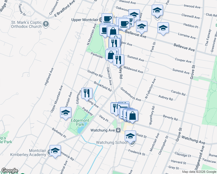 map of restaurants, bars, coffee shops, grocery stores, and more near 4 Oakcroft Avenue in Montclair