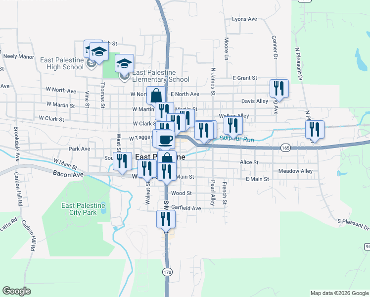 map of restaurants, bars, coffee shops, grocery stores, and more near 150 North Sumner Street in East Palestine