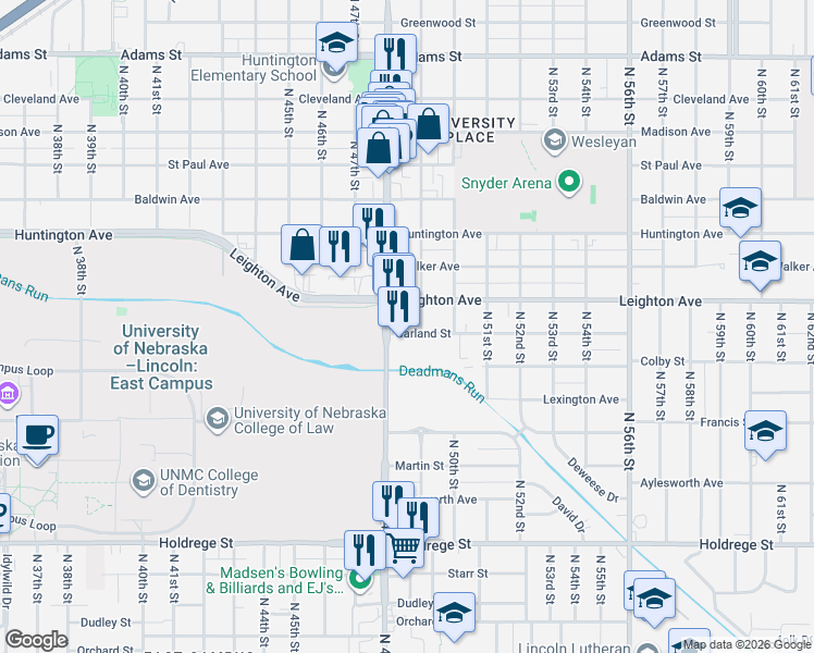 map of restaurants, bars, coffee shops, grocery stores, and more near 4832 Garland Street in Lincoln