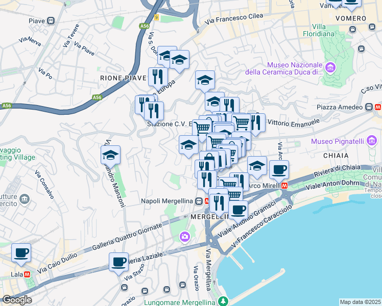 map of restaurants, bars, coffee shops, grocery stores, and more near 9 Via Privata del Parco Comola Ricci in Napoli