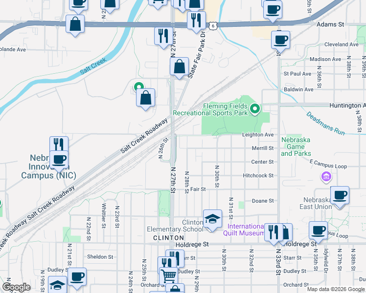 map of restaurants, bars, coffee shops, grocery stores, and more near 2201 North 28th Street in Lincoln