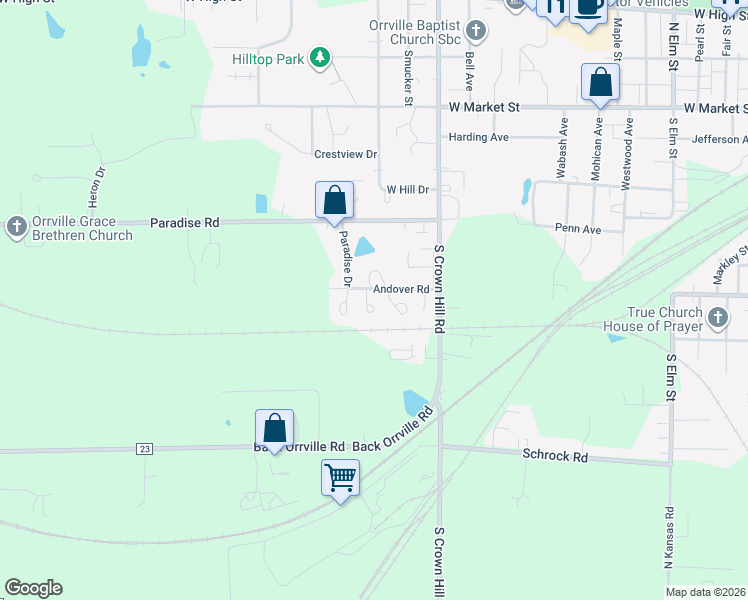 map of restaurants, bars, coffee shops, grocery stores, and more near 418 Emeril Court in Orrville