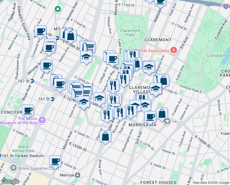 map of restaurants, bars, coffee shops, grocery stores, and more near in The Bronx