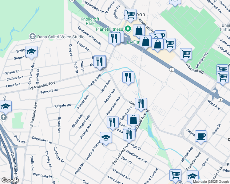 map of restaurants, bars, coffee shops, grocery stores, and more near 505 Kingsland Street in Nutley