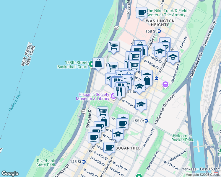 map of restaurants, bars, coffee shops, grocery stores, and more near 616 West 157th Street in New York