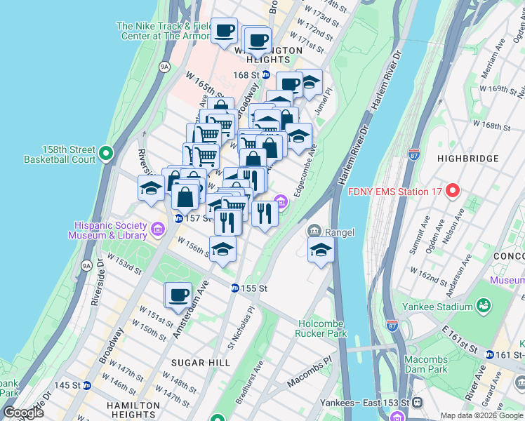 map of restaurants, bars, coffee shops, grocery stores, and more near 1000 Saint Nicholas Avenue in New York