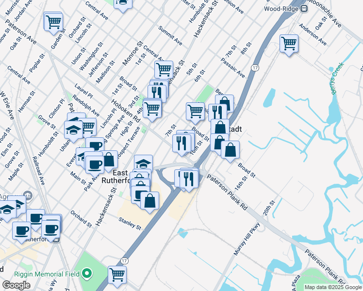 map of restaurants, bars, coffee shops, grocery stores, and more near 308 9th Street in Carlstadt