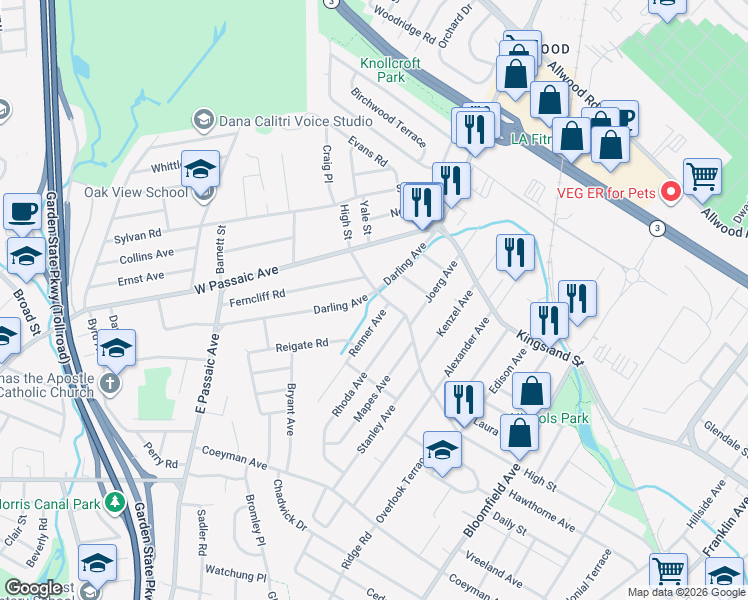 map of restaurants, bars, coffee shops, grocery stores, and more near 12 High Street in Bloomfield