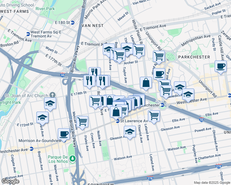 map of restaurants, bars, coffee shops, grocery stores, and more near in The Bronx