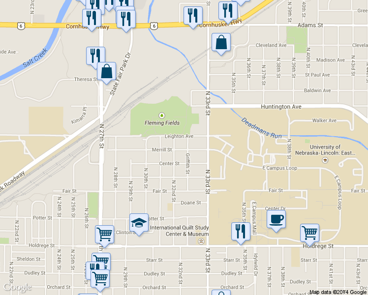 map of restaurants, bars, coffee shops, grocery stores, and more near 2201 Griffith Street in Lincoln