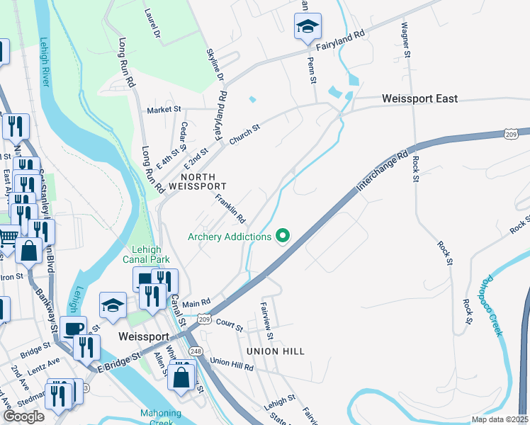 map of restaurants, bars, coffee shops, grocery stores, and more near 435 Main Rd in Lehighton