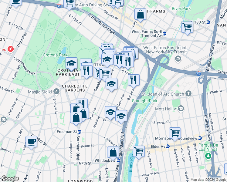 map of restaurants, bars, coffee shops, grocery stores, and more near 1562 Vyse Avenue in The Bronx