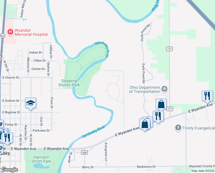 map of restaurants, bars, coffee shops, grocery stores, and more near 122 Rivers Edge Lane in Upper Sandusky