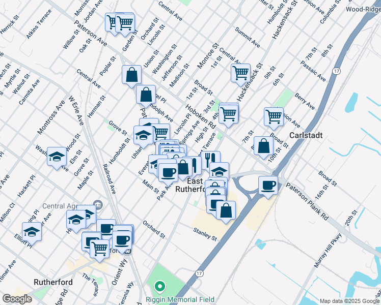 map of restaurants, bars, coffee shops, grocery stores, and more near 62 High Street in East Rutherford