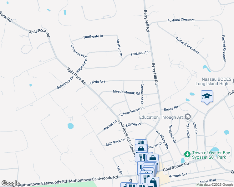 map of restaurants, bars, coffee shops, grocery stores, and more near 61 Meadowbrook Road in Syosset