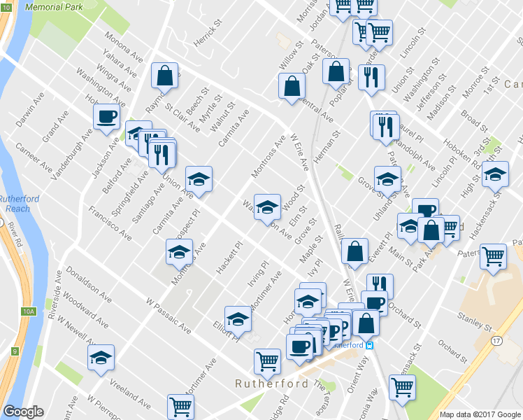 map of restaurants, bars, coffee shops, grocery stores, and more near 122 Washington Avenue in Rutherford