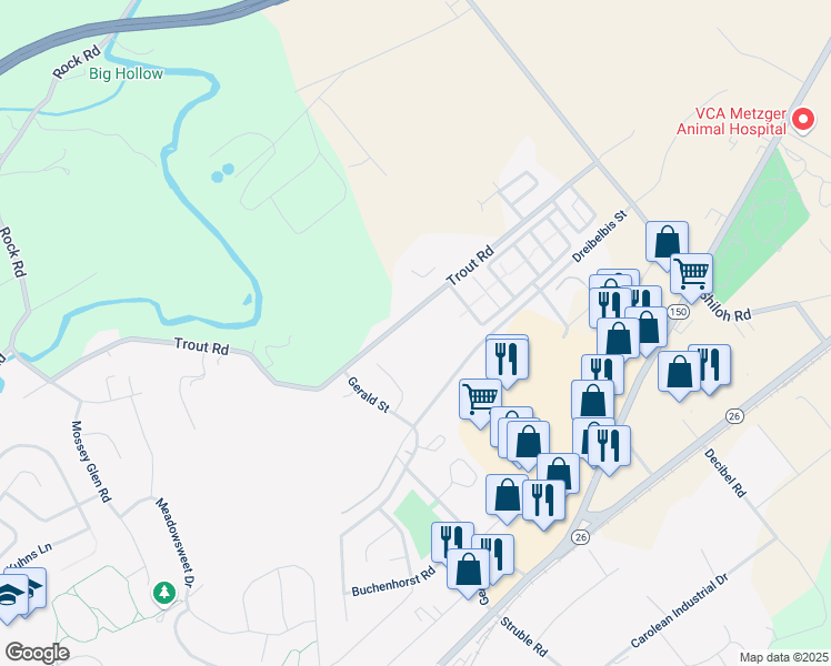 map of restaurants, bars, coffee shops, grocery stores, and more near 1300-1420 Trout Road in State College