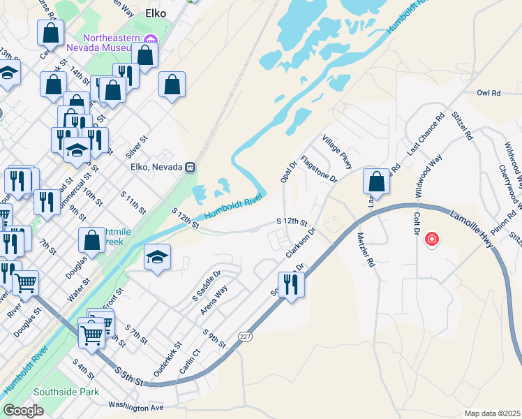 map of restaurants, bars, coffee shops, grocery stores, and more near 1025 Opal Drive in Elko