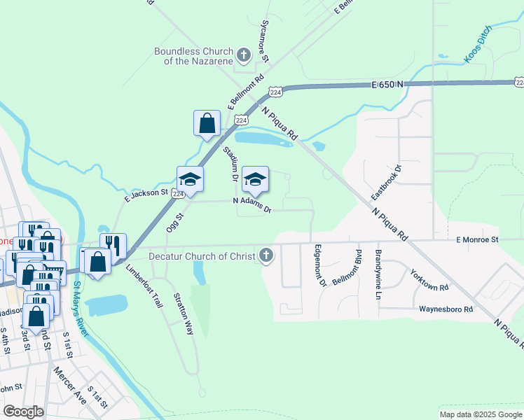map of restaurants, bars, coffee shops, grocery stores, and more near 1000 East North Adams Drive in Decatur