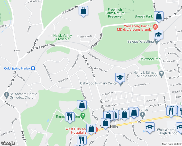 map of restaurants, bars, coffee shops, grocery stores, and more near 16 Cold Spring Hills Road in Huntington