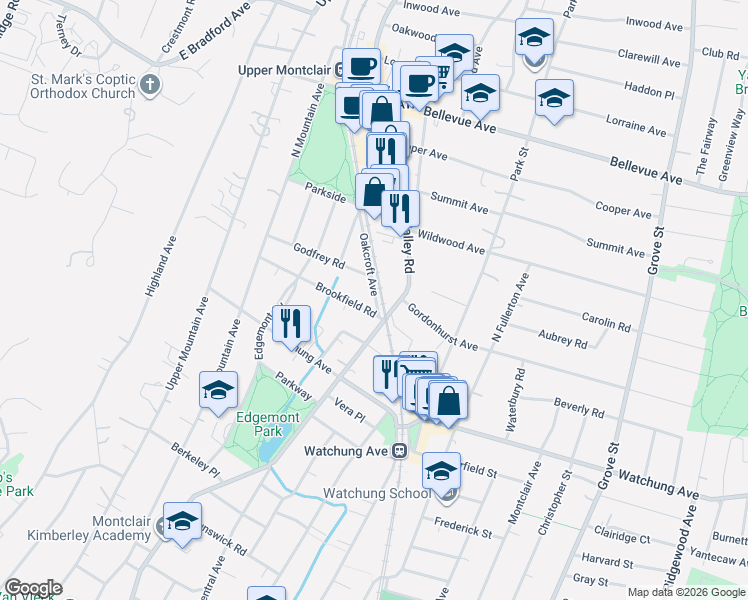 map of restaurants, bars, coffee shops, grocery stores, and more near 4 Oakcroft Avenue in Montclair