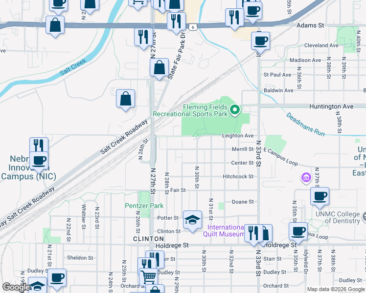 map of restaurants, bars, coffee shops, grocery stores, and more near 2918 Merrill Street in Lincoln