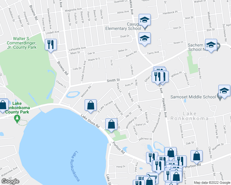 map of restaurants, bars, coffee shops, grocery stores, and more near 32 Emerald Street in Ronkonkoma