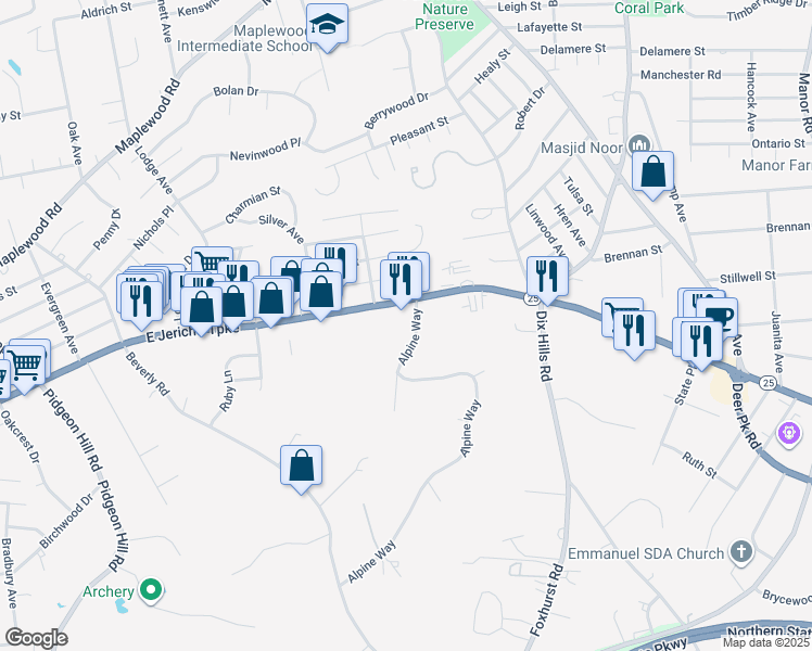 map of restaurants, bars, coffee shops, grocery stores, and more near 1 Alpine Way in Huntington Station