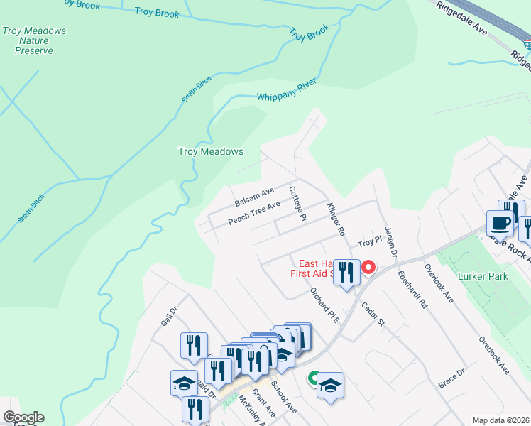 map of restaurants, bars, coffee shops, grocery stores, and more near 38 Peach Tree Avenue in East Hanover