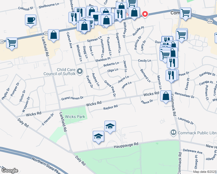 map of restaurants, bars, coffee shops, grocery stores, and more near 13 Grace Park Drive in Commack