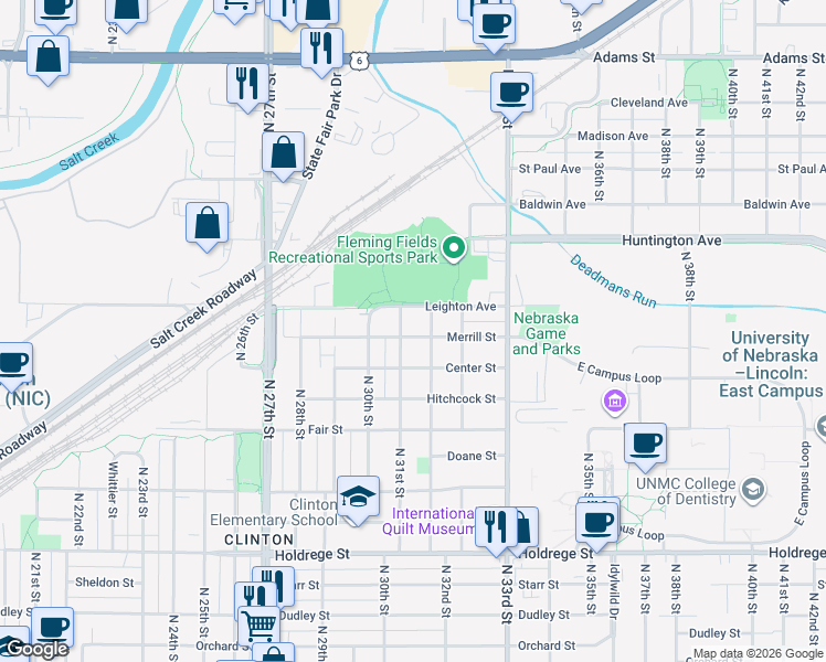 map of restaurants, bars, coffee shops, grocery stores, and more near 3118 Merrill Street in Lincoln