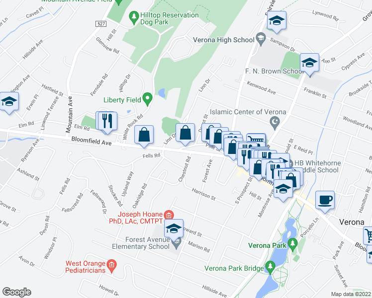 map of restaurants, bars, coffee shops, grocery stores, and more near 840 Bloomfield Avenue in Verona