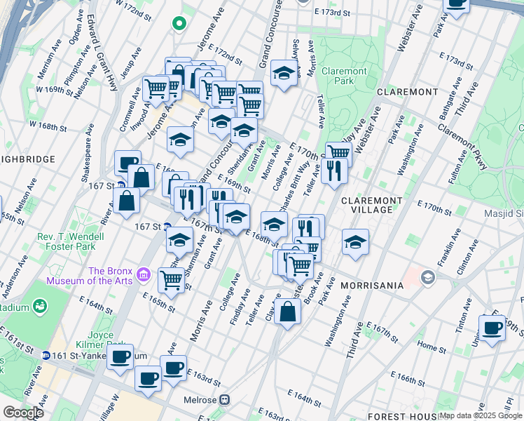 map of restaurants, bars, coffee shops, grocery stores, and more near 1265 College Avenue in Bronx