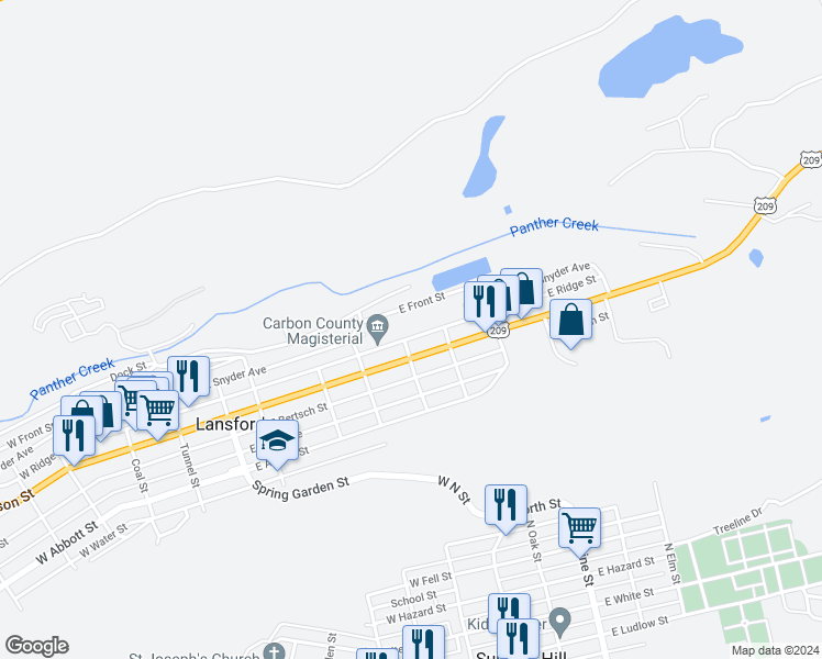 map of restaurants, bars, coffee shops, grocery stores, and more near 179 East Ridge Street in Lansford