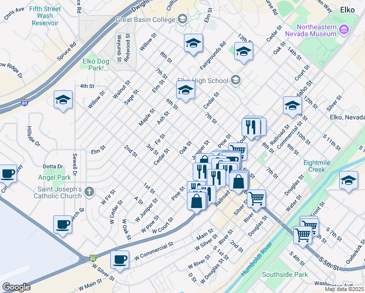 map of restaurants, bars, coffee shops, grocery stores, and more near 441 Oak Street in Elko
