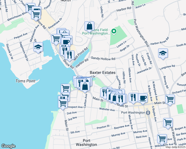 map of restaurants, bars, coffee shops, grocery stores, and more near 1 Hillside Avenue in Port Washington