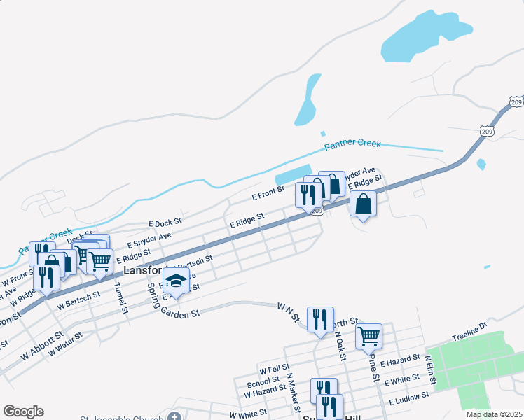 map of restaurants, bars, coffee shops, grocery stores, and more near 179 East Ridge Street in Lansford