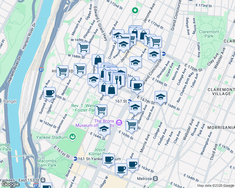 map of restaurants, bars, coffee shops, grocery stores, and more near 1181 Walton Avenue in Bronx