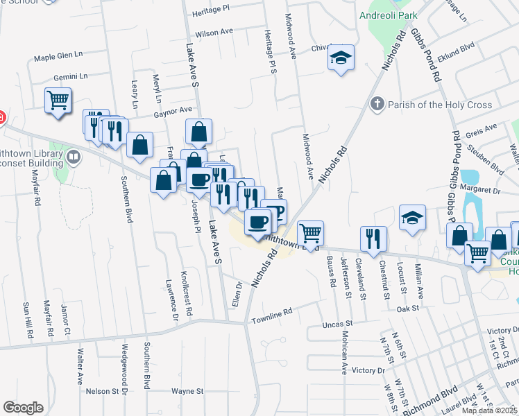 map of restaurants, bars, coffee shops, grocery stores, and more near 14 Roosevelt Avenue in Nesconset