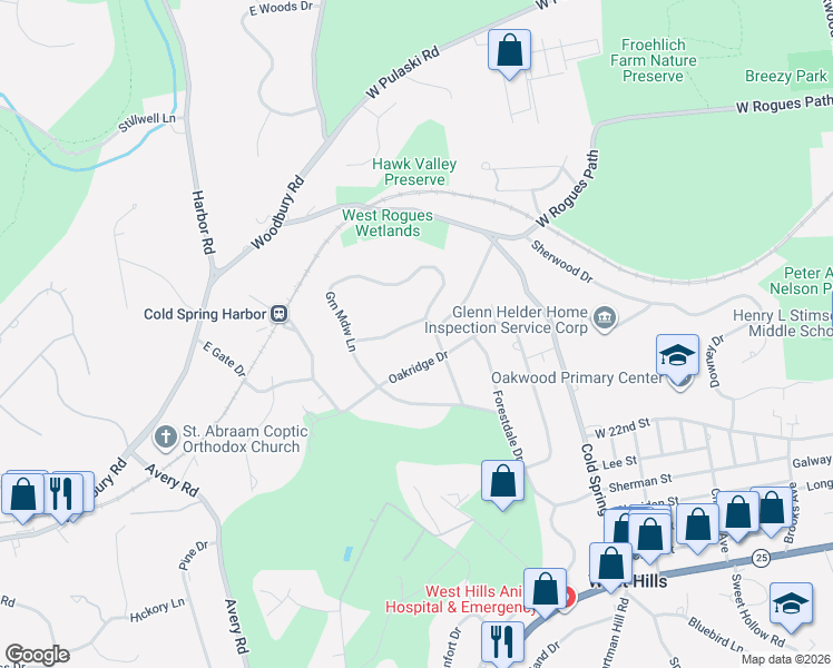 map of restaurants, bars, coffee shops, grocery stores, and more near 14 Sheep Pasture Lane in Huntington
