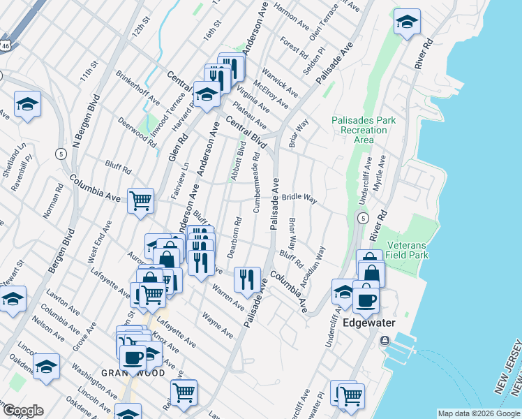 map of restaurants, bars, coffee shops, grocery stores, and more near 1095 Palisade Avenue in Fort Lee