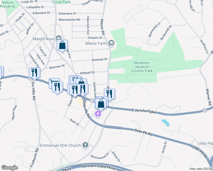 map of restaurants, bars, coffee shops, grocery stores, and more near 257 Manor Road in Huntington