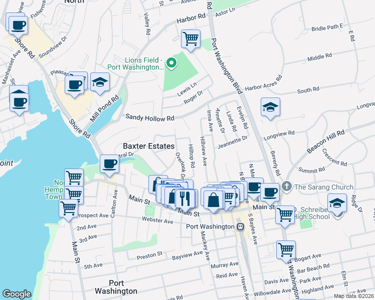 map of restaurants, bars, coffee shops, grocery stores, and more near 18 Hilltop Road in Port Washington